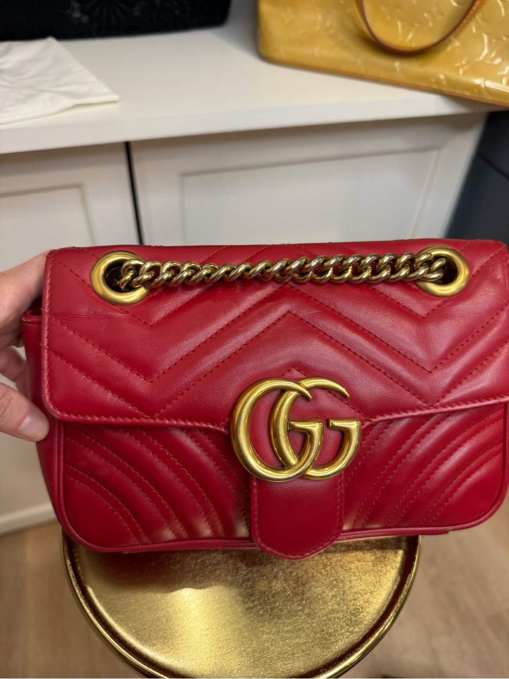 Gucci Red Marmont Matelasse Mini Shoulder Bag with Gold Hardware